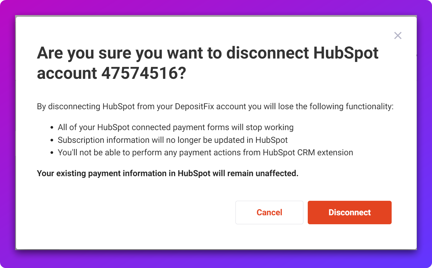 Disconnect DepositFix from HubSpot — screenshot 3
