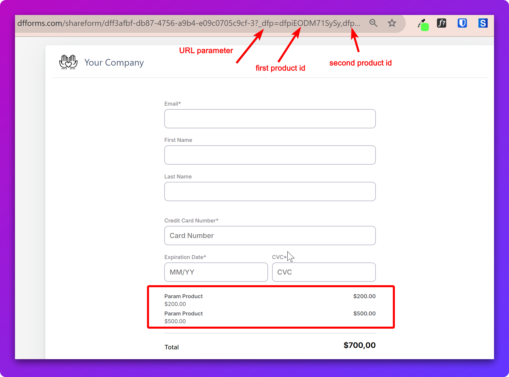 Loading the form with Pre-selected Products (Hide Product Selection) — screenshot 2