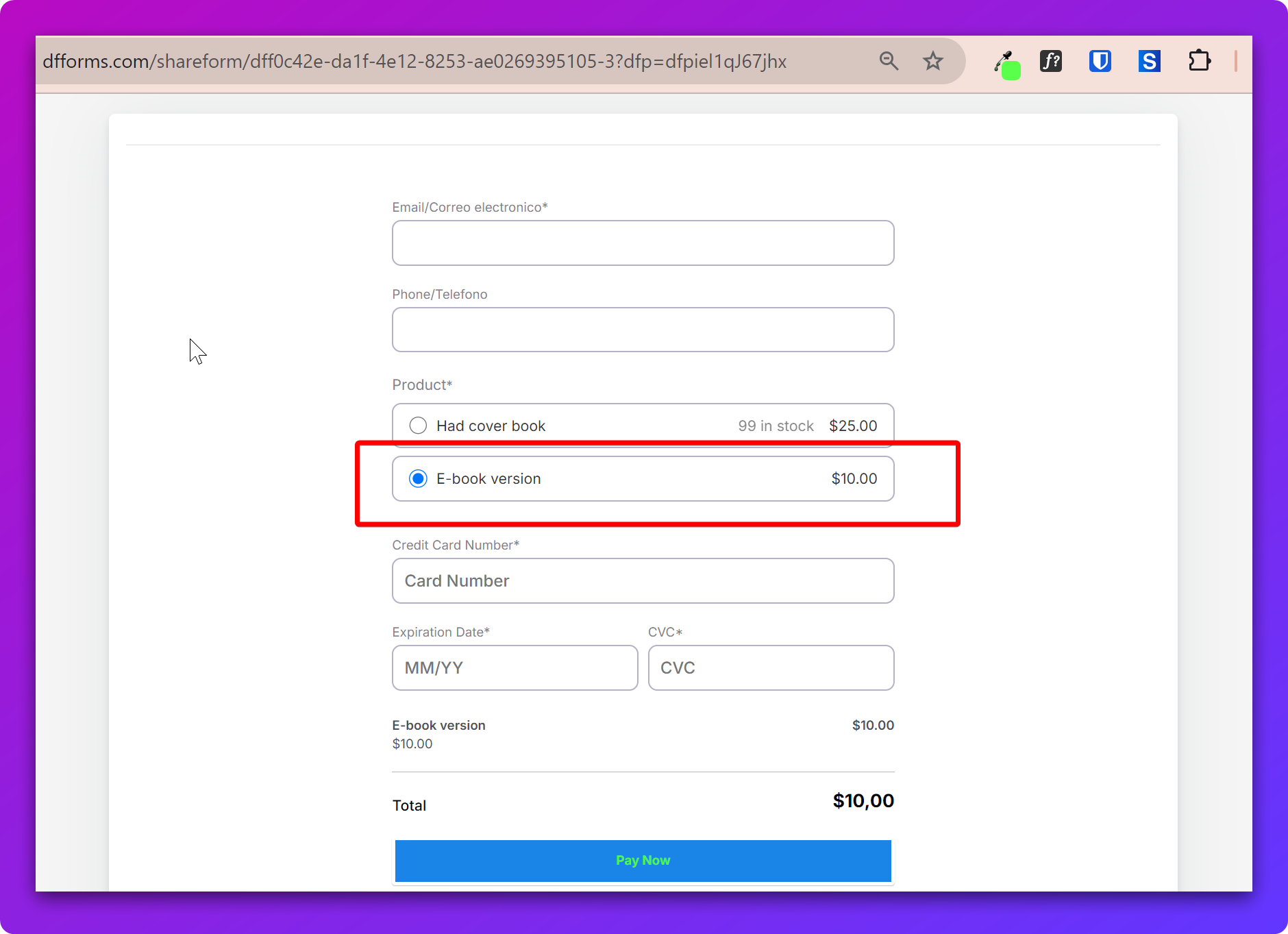 Loading the form with Preselected Products (Show Product Selection) — screenshot 3