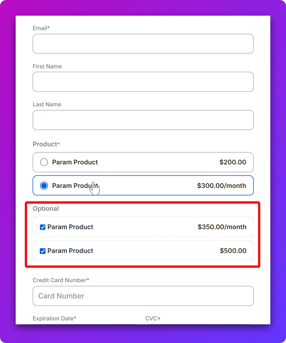 Loading the form with Preselected Products (Show Product Selection) — screenshot 5